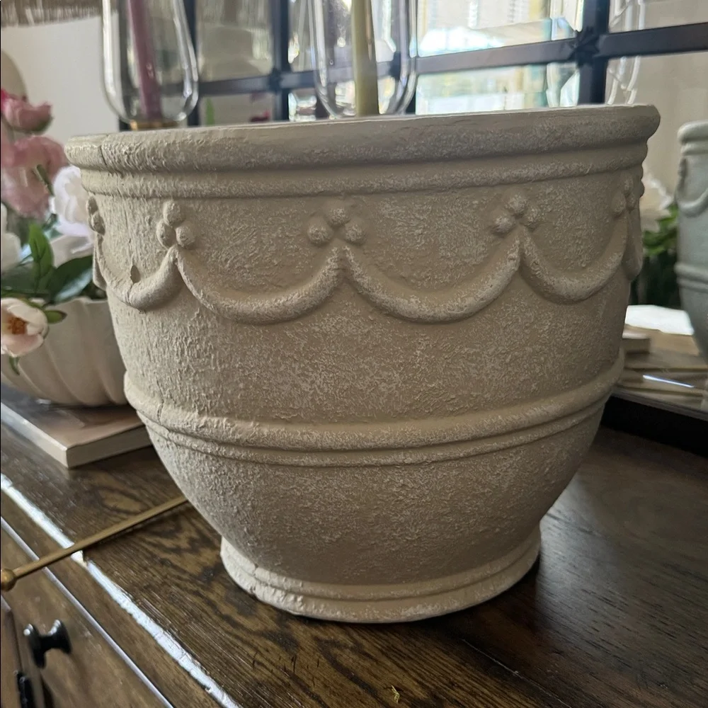 12” My Texas House Ceramic 12” Retro Planter, Wave Embossed, Cream